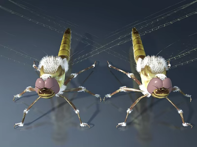 Realistic 3D Model Dragonflies With Yellow White Body And Transparent Wings On Dark Background 3d model
