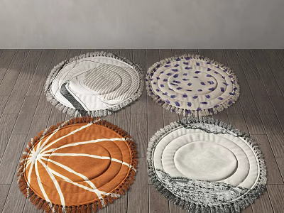 Round Rugs with Fringed Edges in Various Colors and Patterns on Wooden Floor 3d model