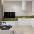 Modern Apartment Interior With Open Layout Sofa TV Bed And Kitchen Cabinets