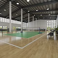 Spacious Indoor Basketball Gym With Green Court Floor White Lines Lighting Windows And Seating