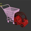 Silver Shopping Cart And Red Children's Toy Car With Green Handle And Black Wheels