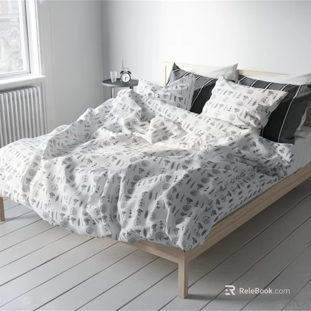 Cozy Black And White Patterned Bedding Set On Wooden Bed Frame With Pillows And Nightstand 3d model 