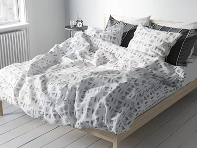 Cozy Black And White Patterned Bedding Set On Wooden Bed Frame With Pillows And Nightstand 3d model