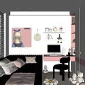 Cozy Kids Room Interior With Bed Pillows Wall Painting Desk Chair And Dolls On Shelf