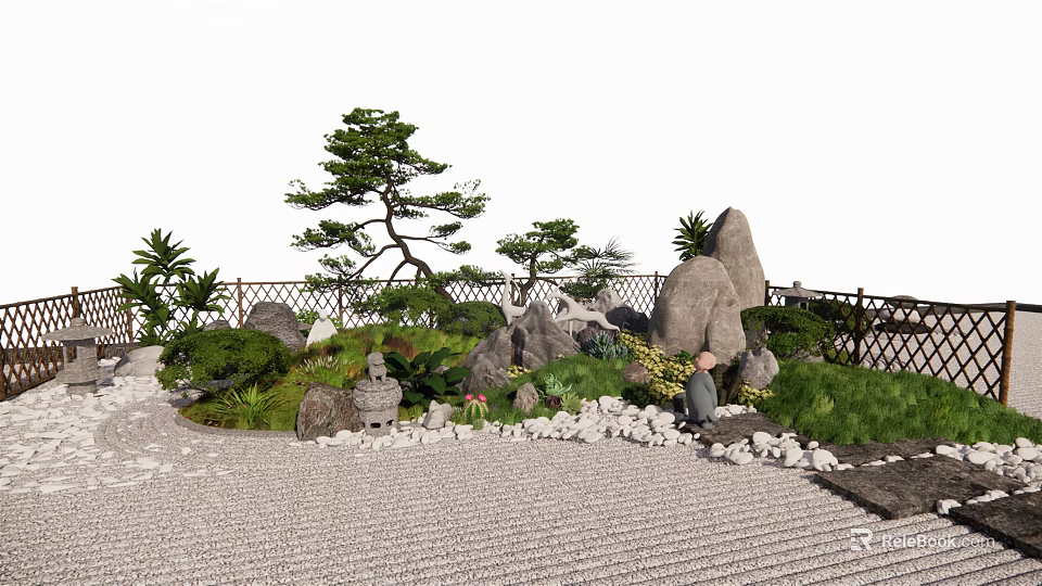 Traditional Zen Rock Garden Featuring Raked Sand Stones Pine Trees And Moss 3d model 