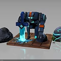 Blue And Red Robot Engaging With Glowing Blue Creature On Brick Platform Surrounded By Rocks 3d model