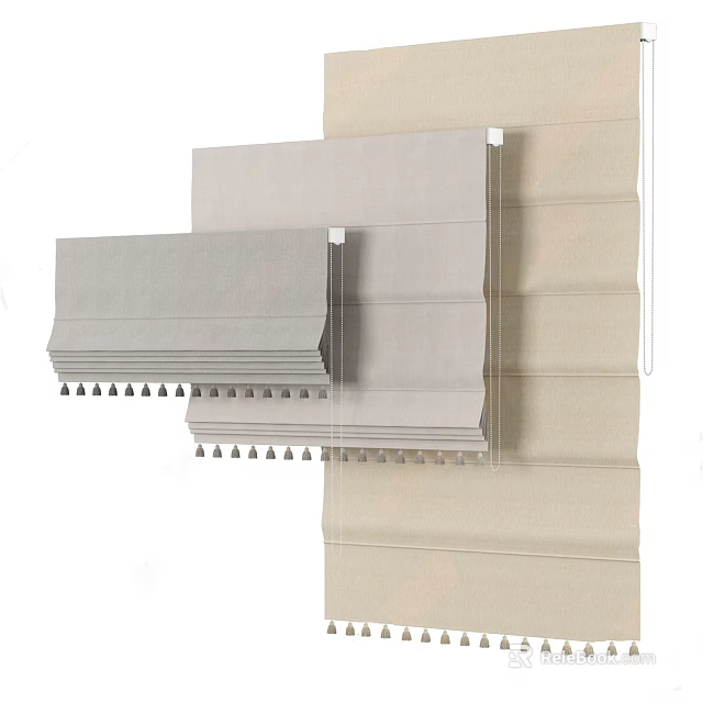 Light Gray and Beige Window Blinds with Tassel Details and Folding Design for Home Decoration 3d model 