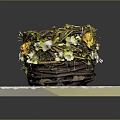 Household Decorative Woven Basket with Yellow White Flowers Green Foliage on Marble Surface