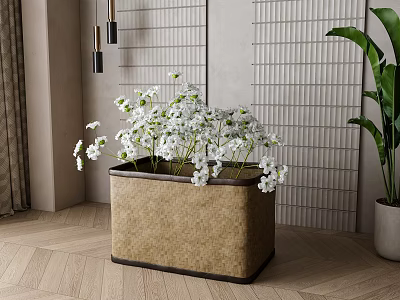 Modern Woven Storage Basket With White Flowers For Indoor Use 3d model