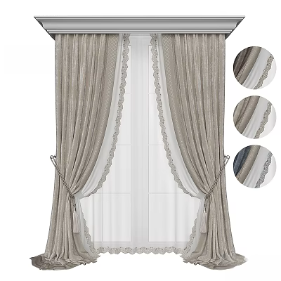 Elegant Beige Curtains With Lace Trim Double Layer Design And Color Options 3d model