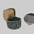 Artistic Ceramic Vessels With Gold Circular Design Green Spotted And White Textured Patterns