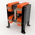 Black And Orange Industrial Equipment Featuring Metal Frame Stands And Connecting Rod Components