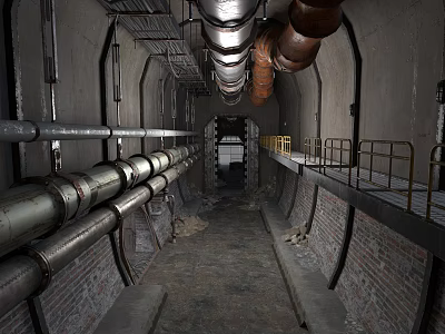 Industrial Tunnel Interior With Large Metal Pipes Brick Walls And Railings 3d model