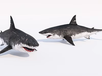 Realistic 3D Models of Two Large Sharks With Open Mouths and Sharp Teeth 3d model