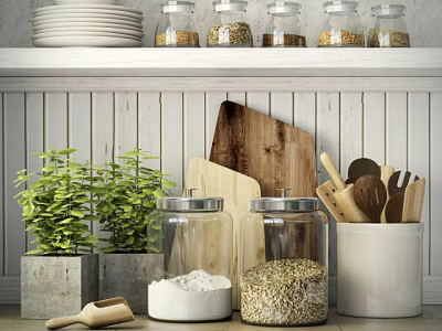 Wooden Kitchen Utensils With Glass Jars Plates And Green Plants On Kitchen Shelf 3d model