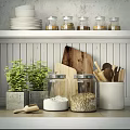 Wooden Kitchen Utensils With Glass Jars Plates And Green Plants On Kitchen Shelf
