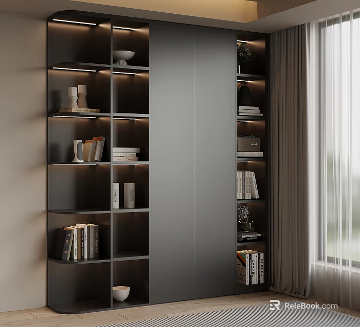Modern Bookshelf Design With Multi Layer Shelves Books And Decorative Items 3d model
