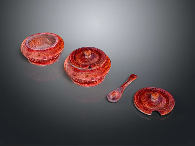 Red Textured Wooden Tableware Set with Covered Containers Spoon and Small Dish 3d model