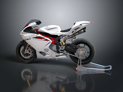 Sleek White Sport Motorcycle With Red Accents On Stand And Reflective Floor 3d model