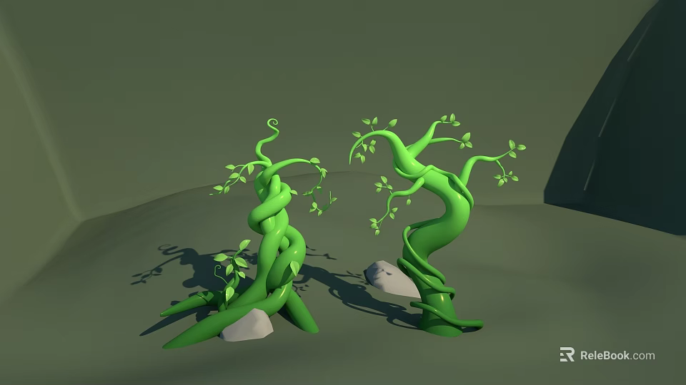 Green Twisted Vine Plants with Small Stones and Shadows on Gray Background 3d model 