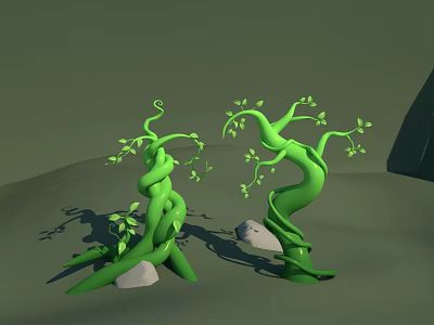 Green Twisted Vine Plants with Small Stones and Shadows on Gray Background 3d model