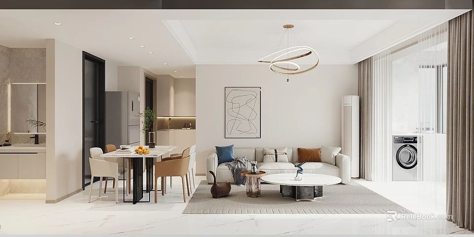 Modern Living and Dining Room Interior Design With Sofa Dining Table Chandelier And Painting 3d model 
