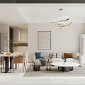 Modern Living and Dining Room Interior Design With Sofa Dining Table Chandelier And Painting