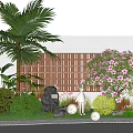 Garden Landscape with Palm Tree Wooden Lattice Pink Flowering Tree Bushes Stones and Round Lamps