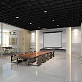 Modern Conference Room Interior With Black Grid Ceiling Wooden Long Table And White Projection Screen