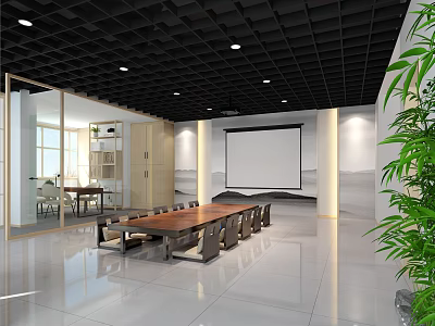 Modern Conference Room Interior With Black Grid Ceiling Wooden Long Table And White Projection Screen 3d model