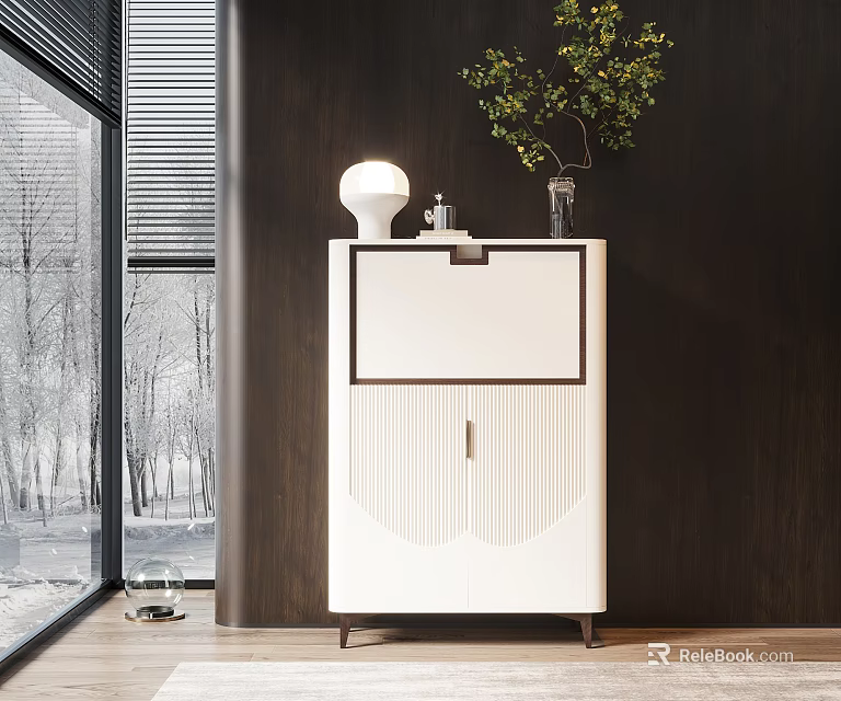 Modern White Sideboard Cabinet With Vase Plant White Lamp Dark Wall And Wooden Floor 3d model 