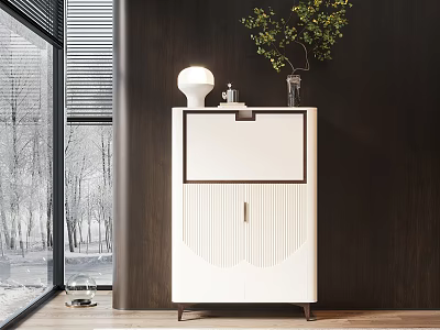 Modern White Sideboard Cabinet With Vase Plant White Lamp Dark Wall And Wooden Floor 3d model