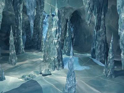 Garden Landscape Featuring Ice Cave With Icicles Stalagmites And Icy Puddles 3d model