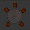 Round Wooden Dining Table Set With Five Red Chairs Patterned Tablecloth And Center Candle