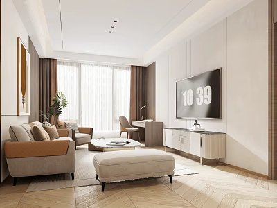 Modern Hotel Room Interior Featuring Comfortable Sofa Large TV And Floor to Ceiling Windows 3d model