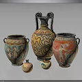 Ancient Painted Pottery Display With Decorative Vases Small Jars And Figurine Patterns 3d model
