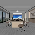 Modern Conference Room with large windows long conference table wheel chairs and large screen 3d model