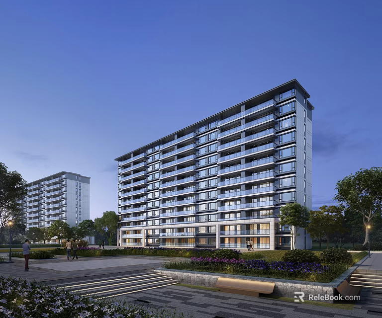 Modern Residential Building With Landscaping At Dusk 3d model 