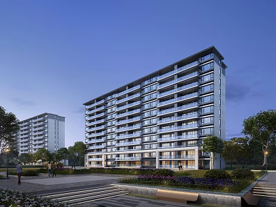 Modern Residential Building With Landscaping At Dusk 3d model