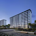 Modern Residential Building With Landscaping At Dusk