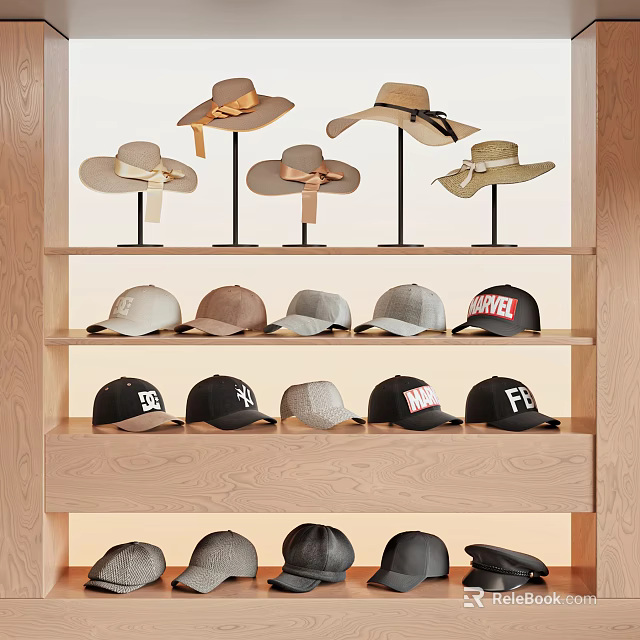 Various Fashionable Hats Including Wide Brim And Baseball Caps On Wooden Shelves 3d model 