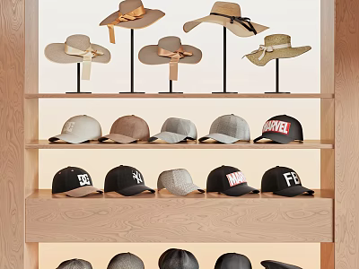 Various Fashionable Hats Including Wide Brim And Baseball Caps On Wooden Shelves 3d model