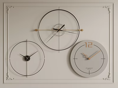 Three Clocks with Different Designs Hanging on White Wall With Decorative Frame 3d model