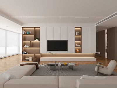 Bright Modern Minimalist Living Room With Built In Lighted Shelves And Spacious Comfortable Fabric Sofa 3d model