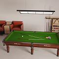 Modern Billiard Room Interior With Green Felt Pool Table Red Chairs Cues And Cue Rack