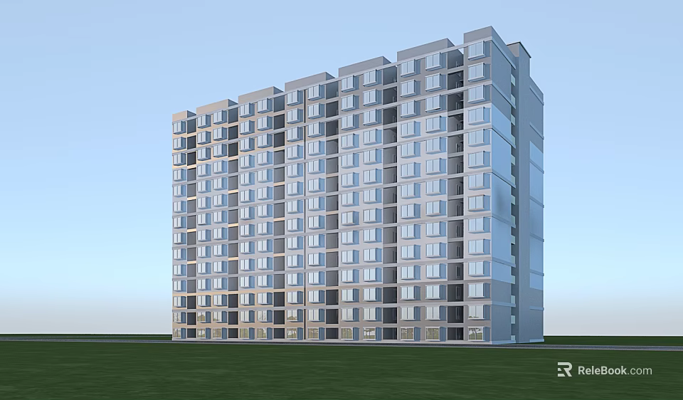 Modern High Rise School Building With Large Glass Windows And Green Lawn Foreground 3d model 