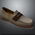 Beige Suede Loafer Shoes Featuring Brown Strap Detail And Red Trim Sole