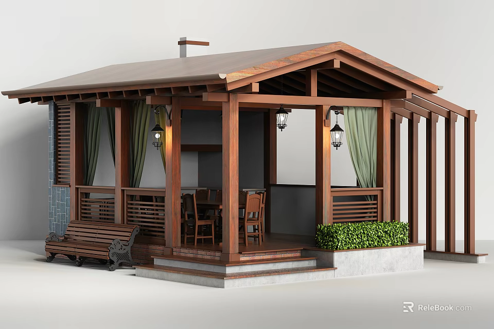 Wooden Cabin With Porch Bench Green Curtains Lanterns And Green Plants 3d model 