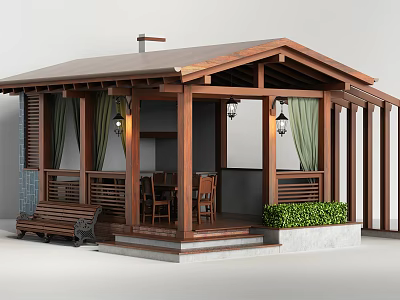 Wooden Cabin With Porch Bench Green Curtains Lanterns And Green Plants 3d model