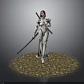 White Armored Female Warrior Character Wielding Dual Swords on Gravel Ground